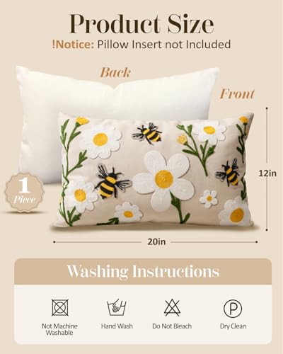 Embroidered Lumbar Pillow Cover 20x12 Inch, Flower Bee - color: Flower Bee, size: 20" x 12" (Pack of 1)