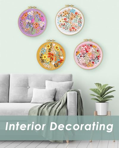 ERKOON 4 Sets Embroidery Kit for Beginners,Hummingbird and Flower Cross Stitch Set for Include Embroidery Cloth Hoops Threads for Craft Lover Hand Stitch (Flower) - color: Flower