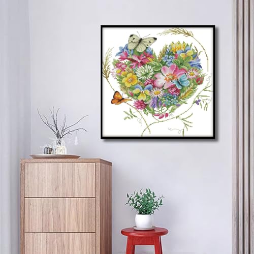 CaptainCrafts Cross Stitch Kits for Adults Stamped Butterflies Flower - color: Butterflies Love Heart Shaped Flower, style: Stamped
