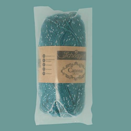 Scheepjes Catona Shine Metallic Cotton Yarn, 50g, 401-S Dark Teal/Silver - color: 401-S Dark Teal - Silver