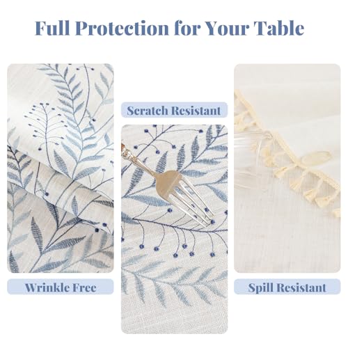 Alsoo Tablecloth Rectangle 55" x90", Farmhouse Linen Style Table Cloth with Blue Fern Embroidery and Tassels, Heavy Weight Wrinkle & Spill Resistant Table Cover for Dining Kitchen (6-8 Seats) - color: Dusty Blue Ferns, size: 90" x 55" (Rectangular)