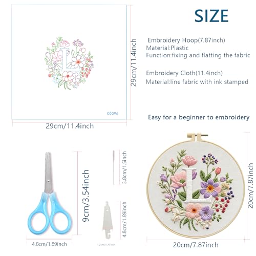 Zhenqing Letter L Embroidery Kit for Beginners, Pre-Printed 29x29cm Cotton Fabric with 20cm Hoop, Romantic Floral Monogram Design (C0096)