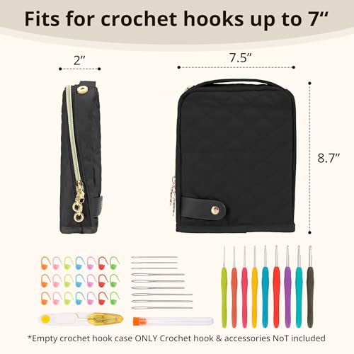 BAGCRAZY Stand-Up Crochet Hook Case Organizer, Travel Craft Holder with Phone Pocket, Quilted Bag with 9 Hooks, Needles & Scissors, Gift for Crochet Lovers – Black - color: Black
