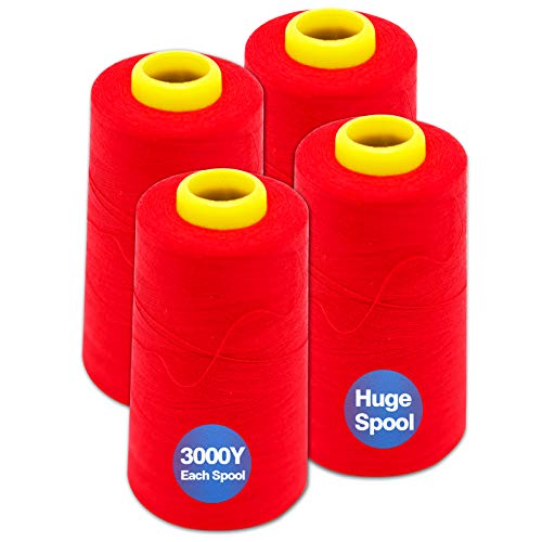 Red Serger Thread, All-Purpose Thread for Sewing, Polyester, 4 Cones of 3000 Yards Each Spool for Sewing Machine - color: 4 red