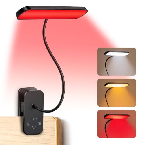 670nm Red Light Reading Lamp,Rechargeable Clip Book Light, 3 Color Modes, Touch Dimming, No Blue Light, Portable Cordless Reading Lamp for Bedroom Office Students (Black)