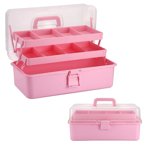 Tackle Box, 16-Inch Extra Large Art Storage Box with 3-Layer Folding Trays - color: Pink