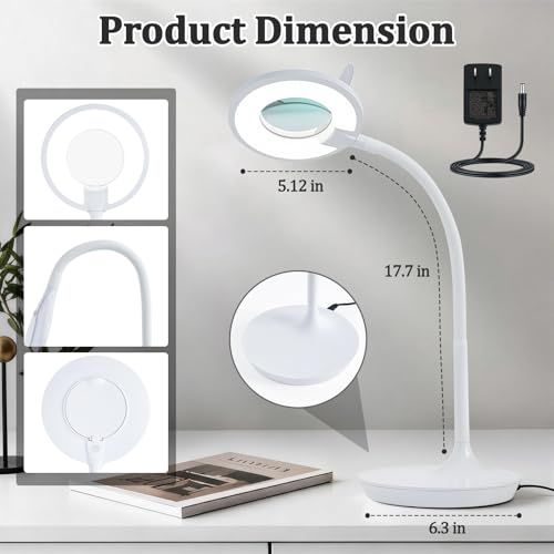 3X+6X Magnifying Glass with Light and Stand, Dimmable LED Magnifying Lamp - color: White