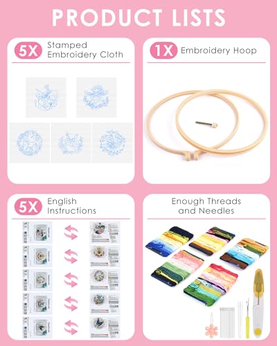 TINDTOP 5 Sets Embroidery Kit for Beginners Adult, Embroidery Kit for Beginners Include Embroidery Cloth Hoops Threads for Craft Lover Hand Stitch with Embroidery Skill Techniques - color: Animal Sets