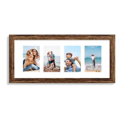 Hongkee 8x20 Picture Frame, Collage Four 4x6 with Mat, Wood Style,1 Pack - color: Rustic Brown, size: 8X20 in