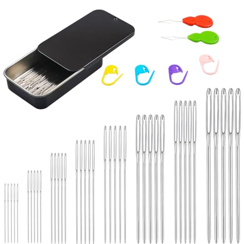 Eketirry 46 PCS Large-Eye Blunt Needles kit, 8 Sizes Stainless Steel Yarn Knitting Sewing Needles, Crafting Weaving Stringing Needles with Threaders and Stitch Markers(Black) - color: Black