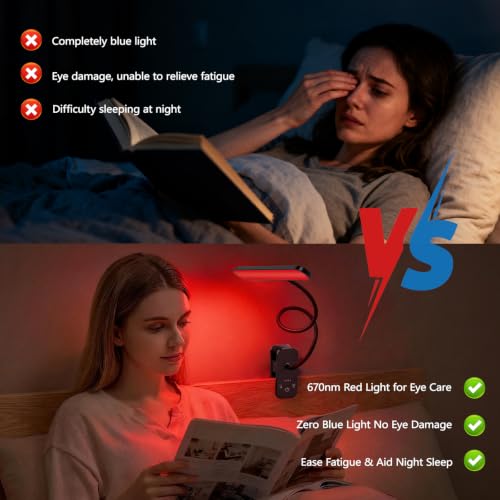 670nm Red Light Reading Lamp,Rechargeable Clip Book Light, 3 Color Modes, Touch Dimming, No Blue Light, Portable Cordless Reading Lamp for Bedroom Office Students (Black)
