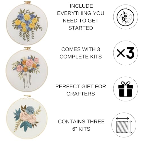 LEISURE ARTS Embroidery Kit, 3 Pc. Floral, 6" Embroidery Kit for Beginners and Adults, Cross Stitch Kits with Patterns, DIY Starter Kit for Hand Stitching Crafts