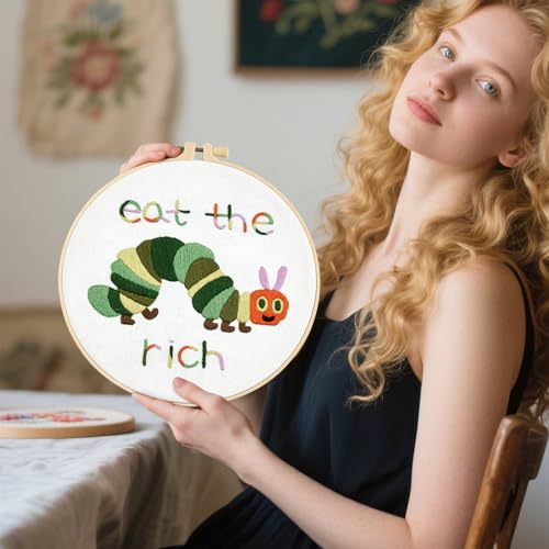 Hungry Caterpillar Embroidery Kits for Beginners Adults, Cute Embroidery Starter Kits, Counted Cross Stitch Kits for Beginners DIY Craft Kits for Adults Women, Embroidery Hoop, Thread & Video Tutorial - color: H2040, size: 8Inch