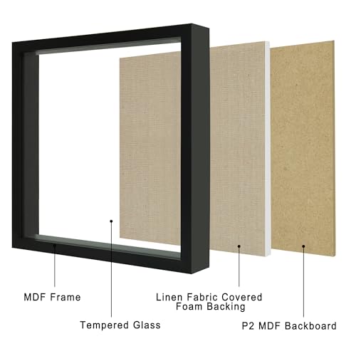11x11 Shadow Box Display Case with Tempered Glass, Black Wooden Large Memory Shadow Box Frame with Soft Linen Back for Wall or Tabletop Display - color: Black, size: 11x11