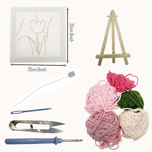 Allazone Punch Needle Embroidery Kit With Frame, Square Fabric, Flower Pattern, Hoop, Yarns (Pink Tulip) - color: Pink
