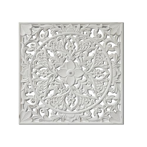 XIAOAIKA Boho Carved Wood Wall Art Panel, Floral Mandala, Distressed White - color: Distressed White