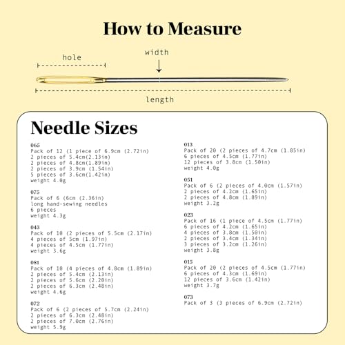 Sewing Needles Gold Eye Set, 3-20Pcs Fine Carbon Steel Needles for Leather, Upholstery, Canvas, Embroidery, Tapestry, DIY Projects Arts Crafts,120-015,120-023,120-065,120-043,120-051,120-073 Model