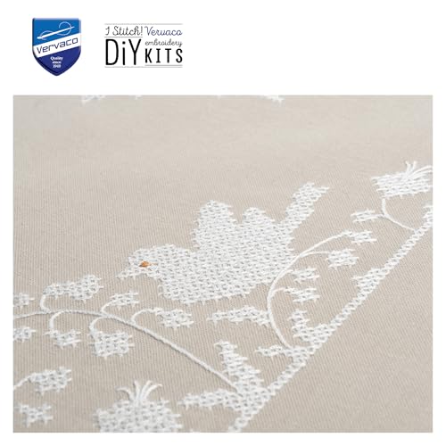 Vervaco Stamped Cross Stitch Tablecloth Kit Singing Birds DIY Embroidery Table Decoration Kit ca. 32" x 32" Art and Craft Supply Creative Activities for Adults Housewarming Gift for Crafters - size: White Birds