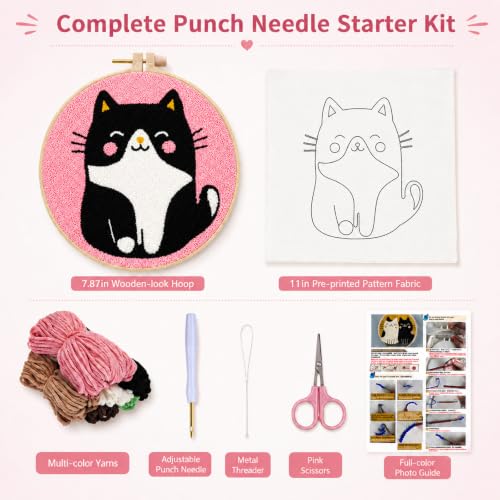 MZSMYKCH punch needle kits adults beginner - Black Cat punch needle kits Starter Set with Yarn, Needle Tool & Frame, Easy DIY Craft Decor, Relaxing Hobby Gift for Teens & Craft Lovers(Black Cat )