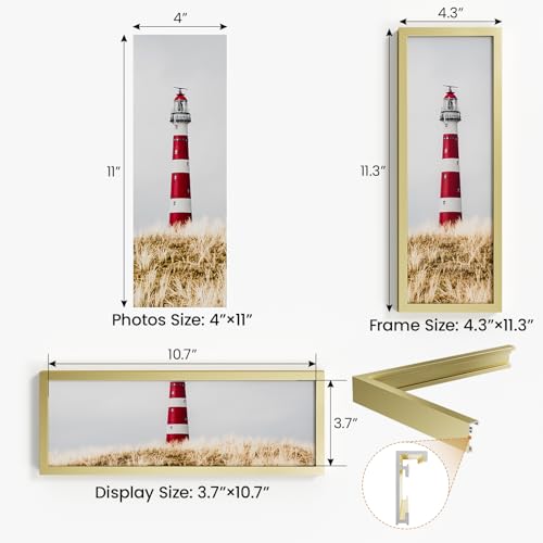 4x11 Aluminum Metal Picture Frame,Tempered Glass Gold Photo Frame 4x11 for Family Photo,Posters,Art,Document to Wall Mount Horizontally or Vertically - size: 4x11
