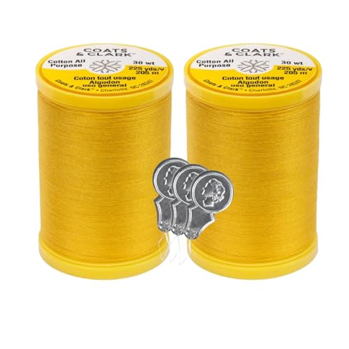Coats & Clark Cotton All Purpose Sewing Thread 100% Mercerized Cotton 225 Yards Each Spool S970 2 Pack Bundle with 3 Bella's Crafts Needle Threaders (Spark Gold) - color: Spark Gold