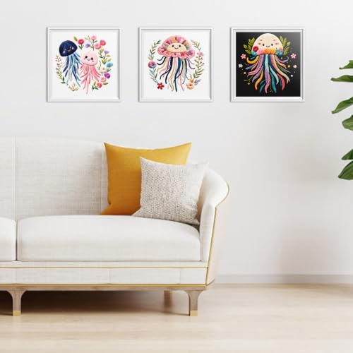 ERKOON 3 Sets Embroidery Kit for Adult, Hummingbird Cross Stitch Set for Beginner Include Embroidery Cloth Hoops Threads for Craft Lover Hand Stitch (Jellyfish) - color: Jellyfish