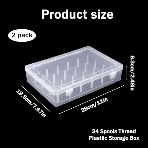 2-Pack Clear Thread Holder Organizer Boxes, Stackable Sewing Storage with 24 Plastic Pins Each for Embroidery Quilting and Crafting Thread Spools, Keeps Supplies Neat and Dust-Free
