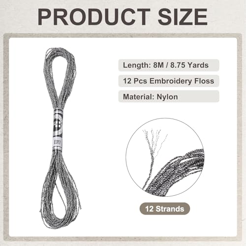 PATIKIL 12 Skeins Embroidery Floss, Metallic Embroidery Thread Nylon Threads Bracelets String for Cross-Stitch Hand Embroidery, Gray - color: Gray