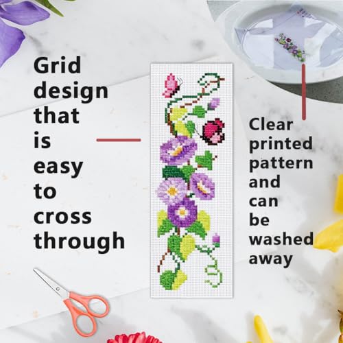 INFUNLY 6pcs Wisteria Floral Cross Stitch Bookmark Kit for Adults DIY Purple Vine Embroidery Bookmark Kits Butterfly Purple Flower Cross-Stitch Pre-Printed Bookmarks with Instructions for Book Lovers - style: Purple Flowers