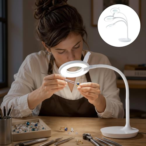 3X+6X Magnifying Glass with Light and Stand, Dimmable LED Magnifying Lamp - color: White