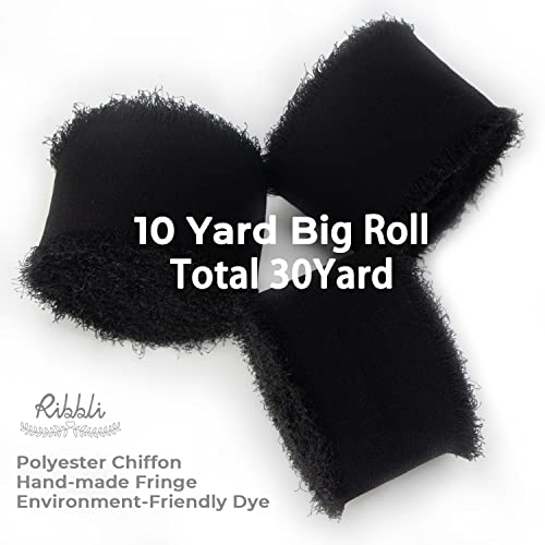 Ribbli Black Chiffon Ribbon - 1.5 inch x 30 Yard Handmade Silk, Fringe Chiffon for Wedding Invitations, Gift Wrapping, Bridal Bouquets, Flower Arrangement - color: Black
