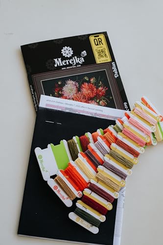 Merejka Dahlias Counted Cross Stitch Kit K-219 | Zweigart Black Aida 16 | 28 DMC Thread Colors | 11¾×15¾ in (30×40 cm)