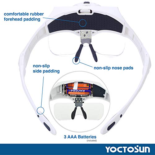 YOCTOSUN Magnifying Glasses with Light, LED Head Magnifier with 5 Lenses, Headband, Storage Case, Hands Free Lighted Head Magnifying Visor for Close Work Hobby Crafts - style: Head Magnifier with 2 LED Lights & Storage Case