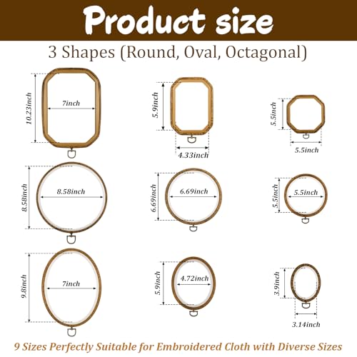 HANLANXUE 9 Pcs Large Embroidery Hoop Frame Set, 4 Shape Round, Oval, Rectangle and Octagonal Decorative Imitated Wood Display Frame for DIY Sewing Craft Hanging Ornaments