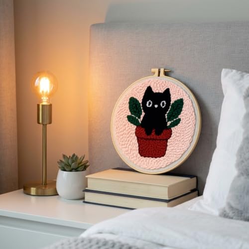 Punch Needle Kit for Beginners Adults Plant Cat, with Embroidery Hoop - color: Punch Needle kit-Plant Cat
