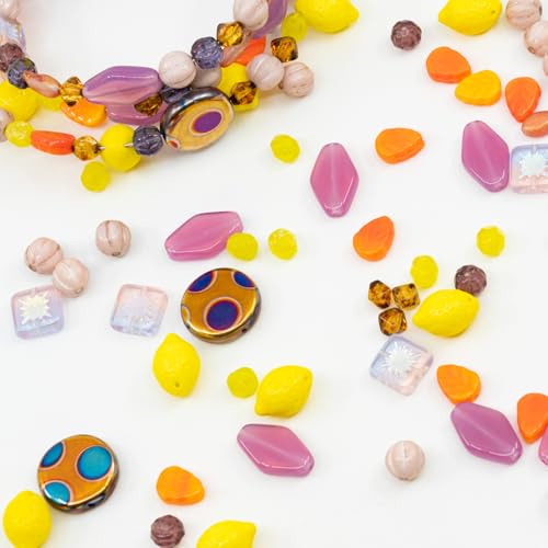 1.4oz (40g) Limited Mix of Czech Glass Beads, Hand Made Set Kit, Pink Rhombus Flowers Yellow Lemon Beads - color: LMIX pink yellow lemon