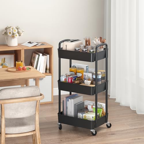 Sywhitta 3-Tier Plastic Rolling Utility Cart with Handle, Multi-Functional Storage Trolley for Office, Living Room, Kitchen, Movable Storage Organizer with Wheels, Black (Pack of 2) - color: Black, size: 3-tier (Pack of 2)