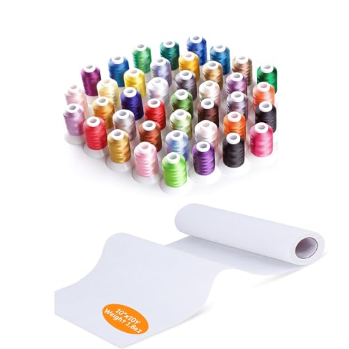 Simthread 40 Colors Polyester Embroidery Machine Thread 500M (550Y) with 10" x 10Y Tear Away Embroidery Stabilizer Kit for Brother Janome Singer Pfaff Husqvarna Bernina Sewing Machines - color: Basic Set