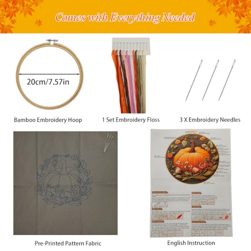 YOUDRN Pumpkin Embroidery Kit for Beginners, Embroidery Kits for Adults - color: Orange Pumpkin