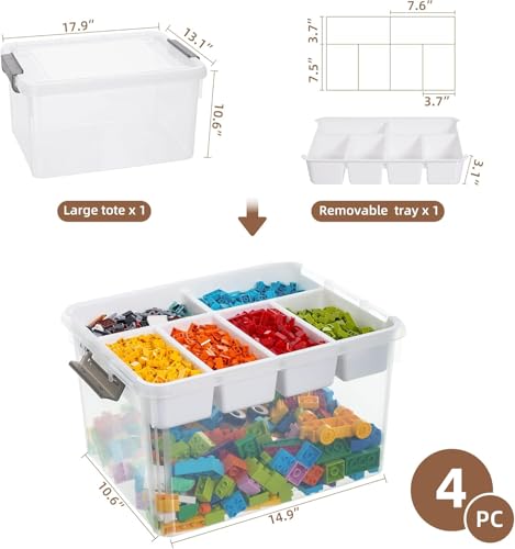 Citylife 32QT 4Packs Clear Craft Organizers and Storage Box with Tray - size: 32 Qt- 4 Pack