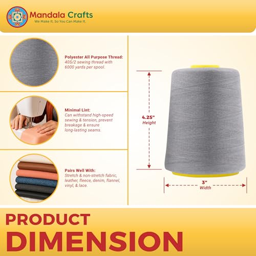 Mandala Crafts 40S/2 Gray Polyester 4 Pack of Serger Threads Cones - color: Gray, size: Pack of 4 40S/2 24000 YDs