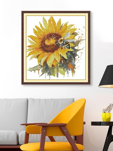 Aiorkeng Cross Stitch Kits Stamped Full Range of Embroidery Starter Kits for Adults Beginners DIY Needlepoint Kit 11CT 3 Strands -Printed kit Sunflowers and Bees(Printed) 14.2×15 inches - color: Sunflowers and Bees36×38CM
