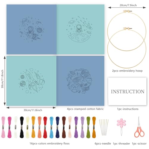 INFUNLY 4 Sets Astronaut Embroidery Kits for Beginners Space Cross Stitch Sets with Instructions Rockets Embroidery Starter Kits for Adults DIY Embroidery Needlepoint Kits Handmade Sewing Craft Sets - style: Space