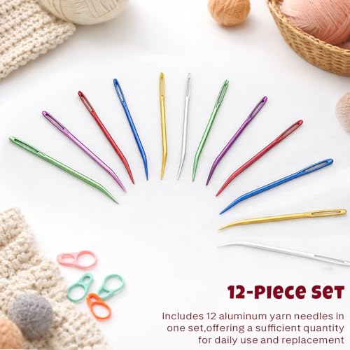Curved Yarn Needles Set, Large-Eye Aluminum Tapestry Darning Needles for Crochet and Knitting with Storage Bottle, (Multicolor,12PCS)