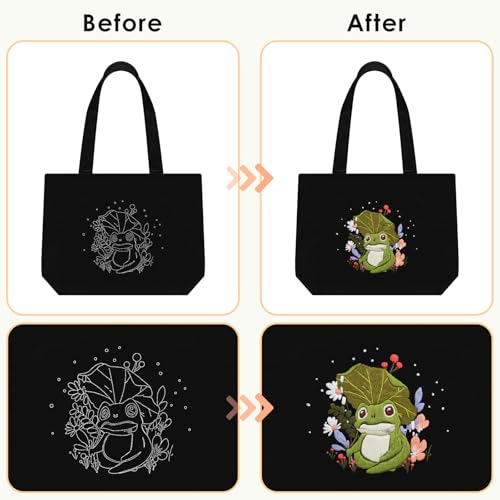 ERKOON Embroidery Canvas Tote Bag for Beginners, Floral Arts Crafts Cross Stitch Kits for Adults Including Stamped Embroidery Bag with Hoops, Needle, Instruction and Color Threads (Frog) - color: Frog