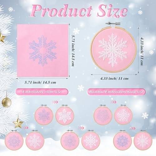Roowest 6 Sets Christmas Embroidery Kits Snowflake Ornament DIY,Pink - color: Pink