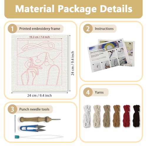 Doodlream Elegant Lady DIY Punch Needle Embroidery Kit for Adult Beginner, 9.4" Woman Wearing Hat Punch Stitching Craft Set for Starter with Frame, Fabric Pattern, Threader, Yarn, Pinch Needle - color: Elegant Lady