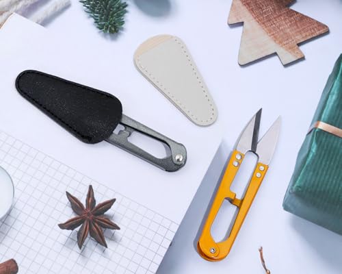 2Pcs Multicolor Mini Sewing Scissors Clipper 2Pcs Leather Scissors Sheath Cover Small Embroidery Thread Thrum Yarn Trimming Nipper U-Shaded Craft Cross Stitch Scissor (Gray/Yellow) - color: Gray/Yellow