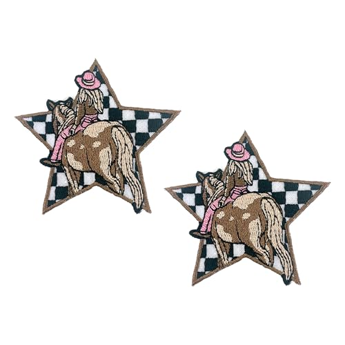Cowgirl Checkered Star Patch, 3" x 3", 2-Pack, Embroidered Iron-On for Hats, Bags, Jackets - color: Cowgirl Checkered Star