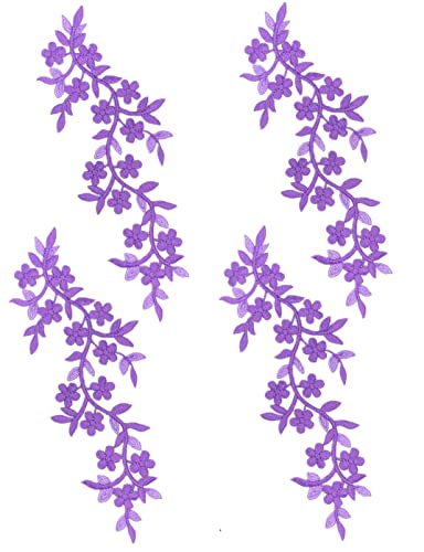 4 Pieces 10x5inch Long Patch Flower Vine with Leaf Iron on Patch Embroided Applique for Garment Curtain Pillow Blanket Trimming Shoes Jeans Clothing Embelishments (Purple) - color: Purple